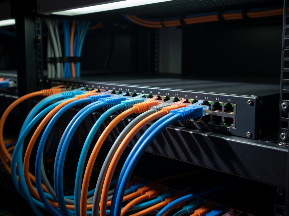 Network cables plugged into a switch with harsh shadows