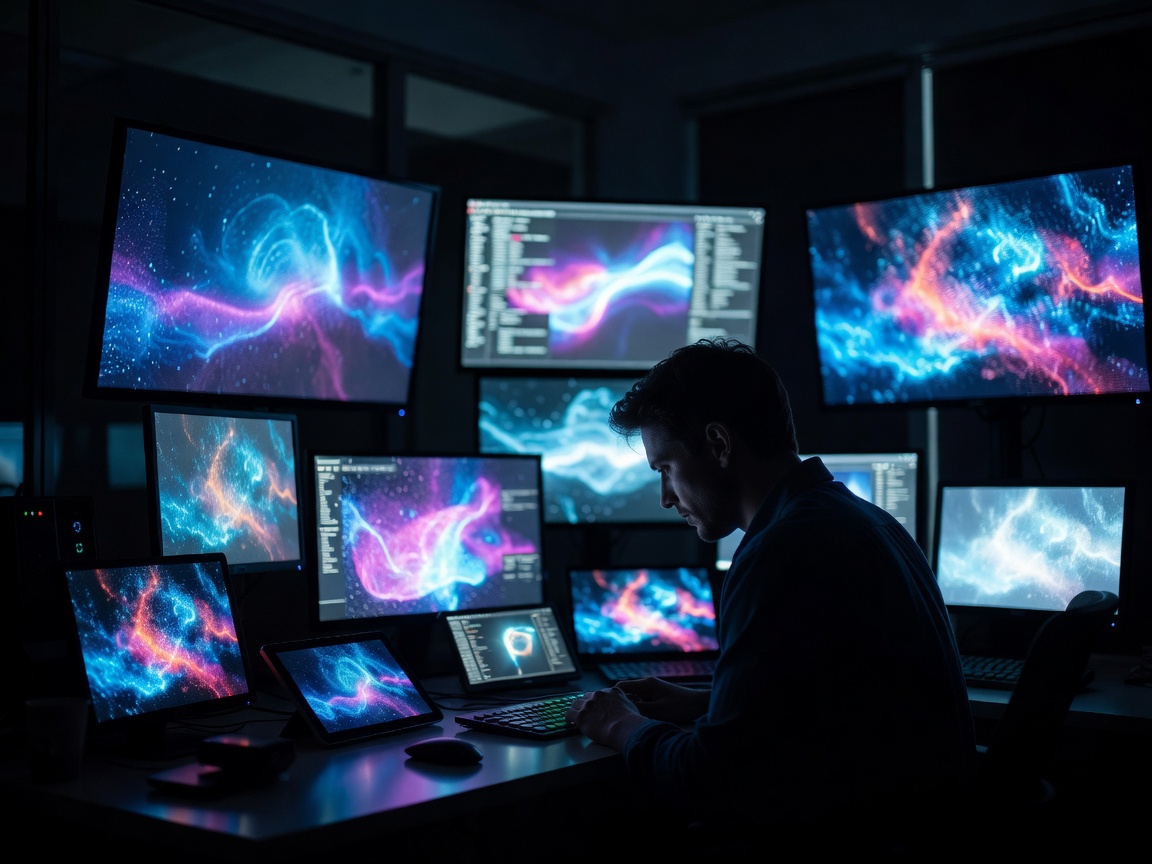 Person looking at multiple glowing screens