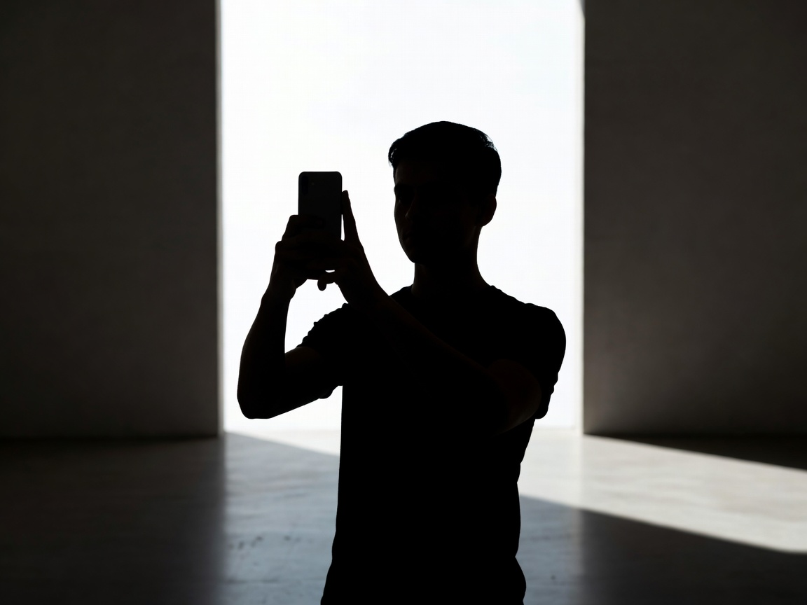 Silhouette of a person holding a phone with harsh lighting